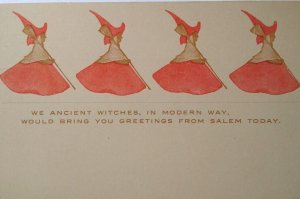 Halloween Postcard Ancient Salem Witches With Brooms Unused Witchcraft Undivided