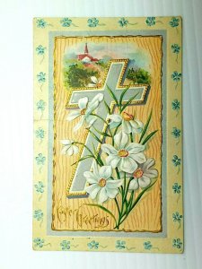 Vintage Postcard 1911 Easter Greetings Cross and Flowers Embossed