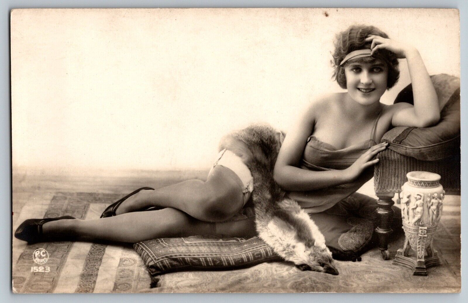 Vintage French Postcard Risque NUDE 1920s Flapper Lady Sits in ...