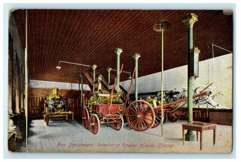 1911 Fire Department Interior Of Engine House Chicago Illinois IL Postcard 