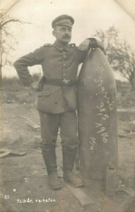 c1910 RPPC WW1 Soldier Giant Artillery Shell La Bassee Vintage Postcard P113