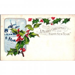 Original Vintage 1909 CHRISTMAS Postcard Embossed Windmill Holly Merry Christmas