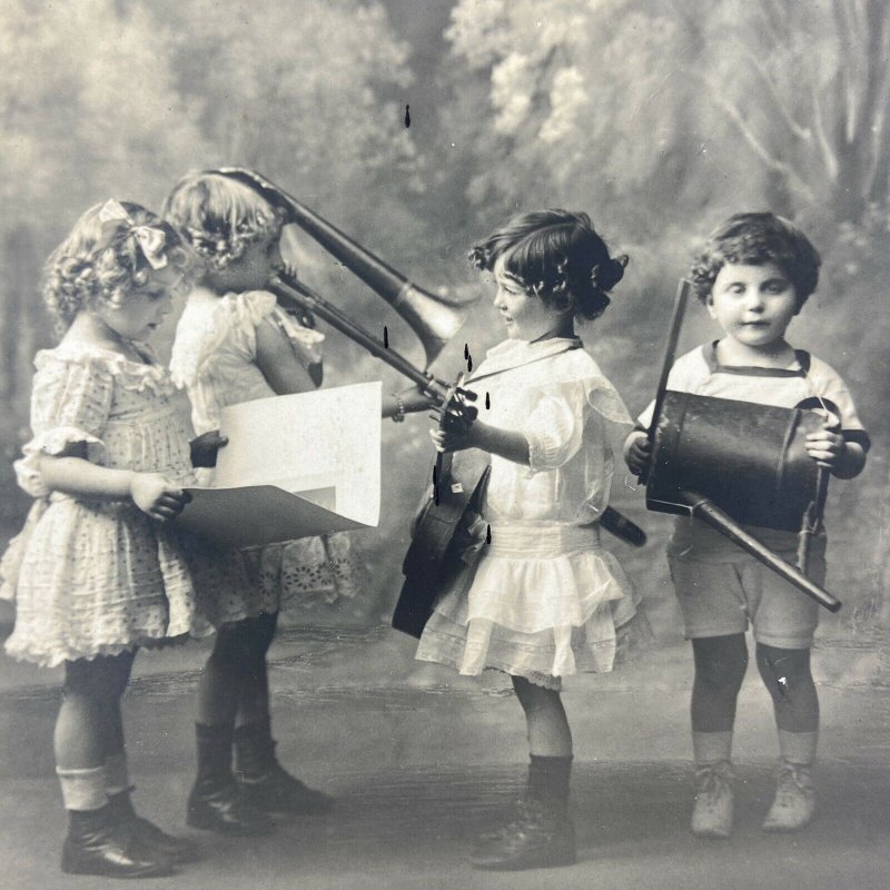 Vintage RPPC Kids Children Playing Music Instruments Funny Comical Postcard