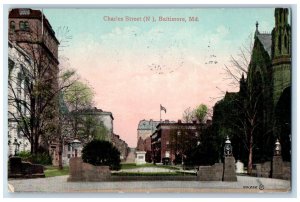 1909 Charles Street Statue Park Baltimore Maryland MD Antique Vintage Postcard