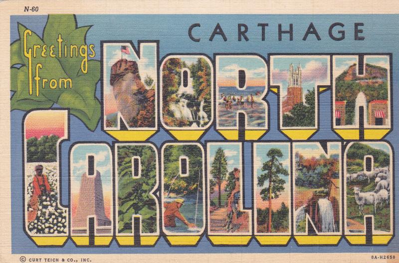 US Postcard 1941 Greetings from Carthage, North Carolina 8A-H2658 N-60 SC #899