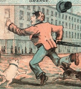 1870s New Home Sewing Machine Comical Street Scene Man Dog Bite W.N. Smith F151