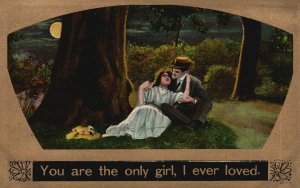 Vintage Postcard Lovers Couple Cuddles Under The Big Tree Moonlight Only Girl