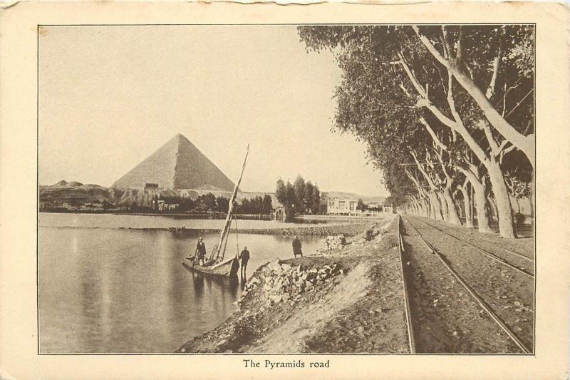 Egypt the Pyramids road vintage postcard railroad