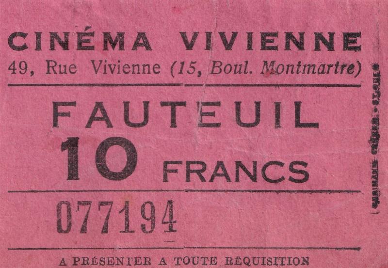 Cinema Rue Vivienne Montmartre 1950s French Ticket