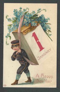 Ca 1908 PPC* New Years Card Emb W/Boy & Calendar Mint