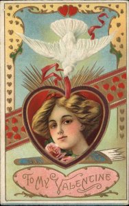 Valentine Beautiful Woman Heart Border Dove c1910 Vintage Postcard