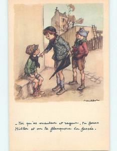 Pre-Linen foreign signed FRENCH BOY WITH UMBRELLA TALKING TO ANOTHER BOY HL8464