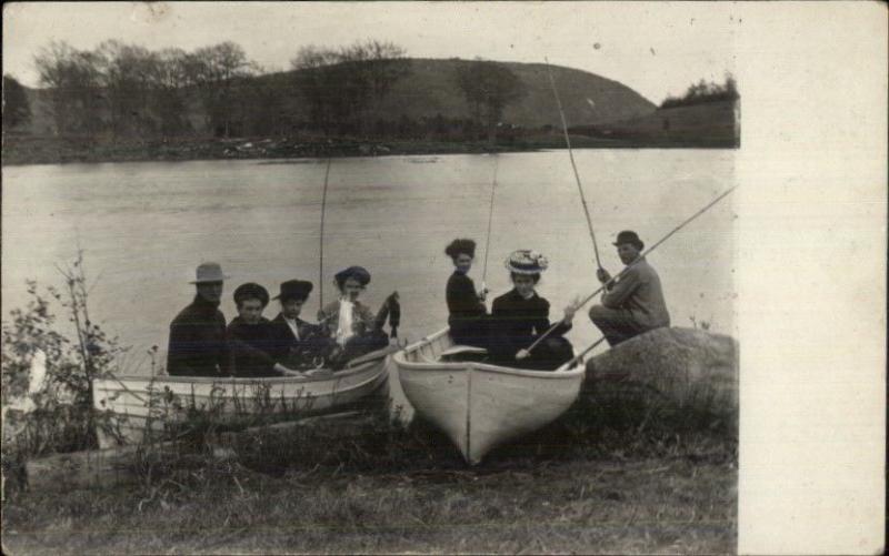 Boating Men & Women old Fishing Rods c1910 Real Photo Postcard myn