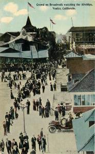 Airship Broadway Crowd 1915 Postcard Venice California flags autos Western 11996