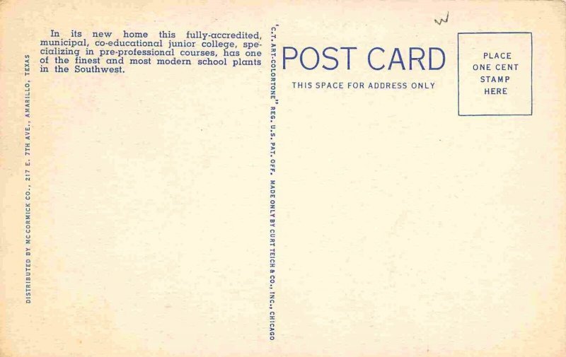 Amarillo College Amarillo Texas linen postcard