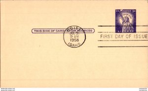 US Postal stationery 3c Statue of Liberty FDC Boise Idaho 1958