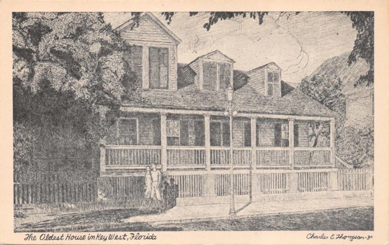 KEY WEST FLORIDA~OLDEST HOUSE~DUVAL ST~CHARLES C THOMPSON ARTIST POSTCARD 1930s