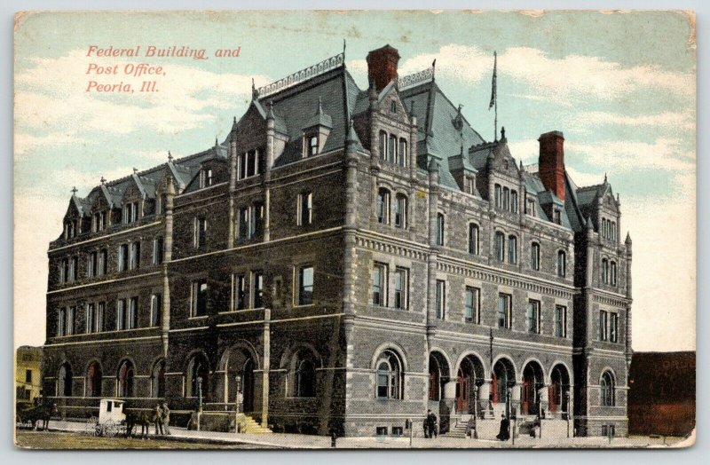 Peoria Illinois~Federal Court House~Post Office~White Mail Delivery Wagon~1910 