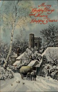 Christmas Cute Child Horse Drawn Wagon Hay Gel 1900s-20s Vintage Postcard