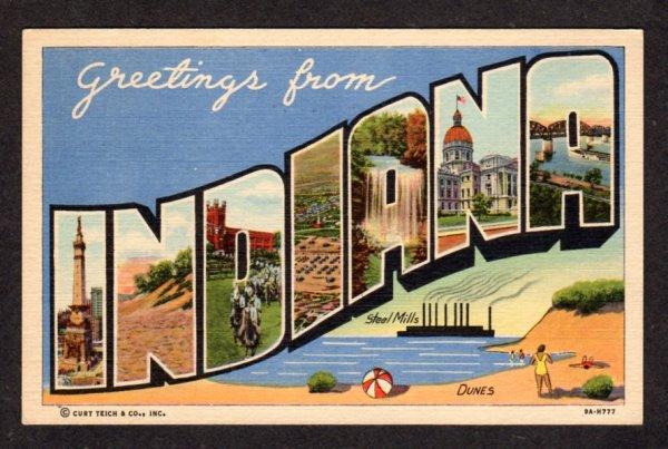 IN Greetings From INDIANA Lg Large Letter Linen Postcard PC IND