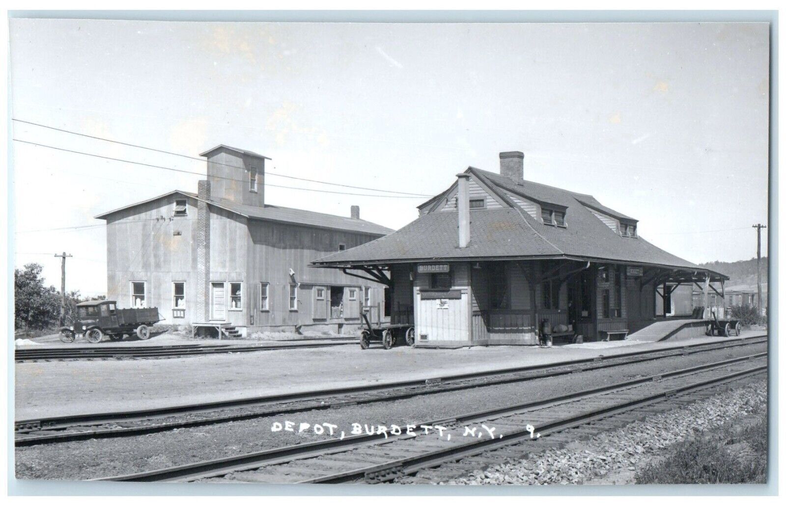 c1940's Depot Station Railroad Train Burdett New York NY RPPC Photo