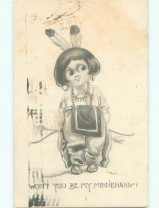 Pre-Linen signed WALL - CUTE NATIVE INDIAN GIRL WITH BOW AND ARROW W7099