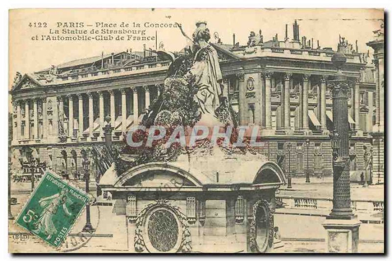 Old Postcard Paris Concorde Square statue of Strasbourg and the Automobile Cl...