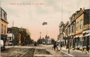 Everett MA Everett Square and Broadway Massachusetts Robbins Bros Postcard E80