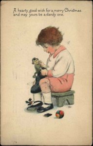 Christmas Little Girl with Stuffed Monkey Doll c1910 Vintage Postcard