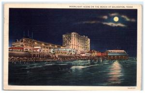 Mid-1900s Moonlit Beach at Galveston, Texas Postcard 