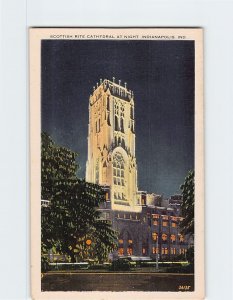 Postcard Scottish Rite Cathedral At Night, Indianapolis, Indiana