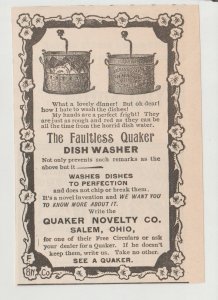 1896 Print Ad, Quaker Novelty Co Faultless Quaker Dish Washer Salem OH