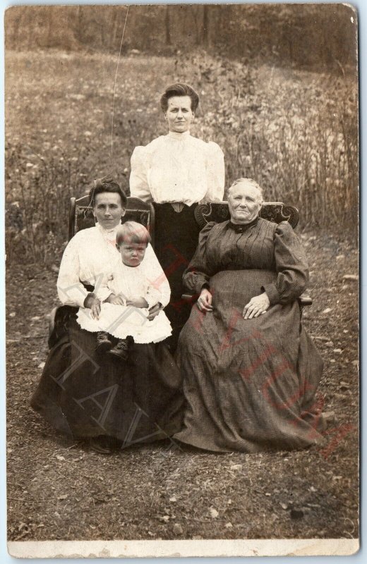 c1900s Unique Outdoor Women Wood Chairs RPPC Baby Boy in Dress Real Photo A161