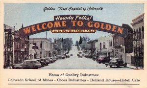 Welcome to Golden Colorado Street Scene Cars 1954 postcard