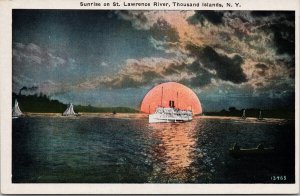 Thousand Islands NY Sunrise on St. Lawrence River Boat Ship Jubb Postcard E87