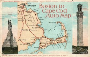 Boston To Cape Cod Auto Map Massachusetts MA Vintage Postcard 1930