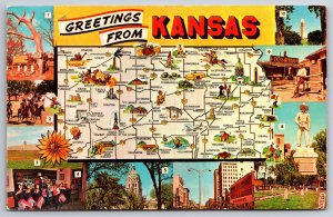 State Maps~Greetings From Kansas~St John~Russell~Dodge City~Vintage Postcard