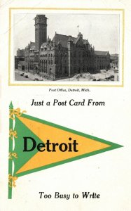 Vintage Postcard 1916 Post Office Building Detroit Michigan Yellow Green Flag MI