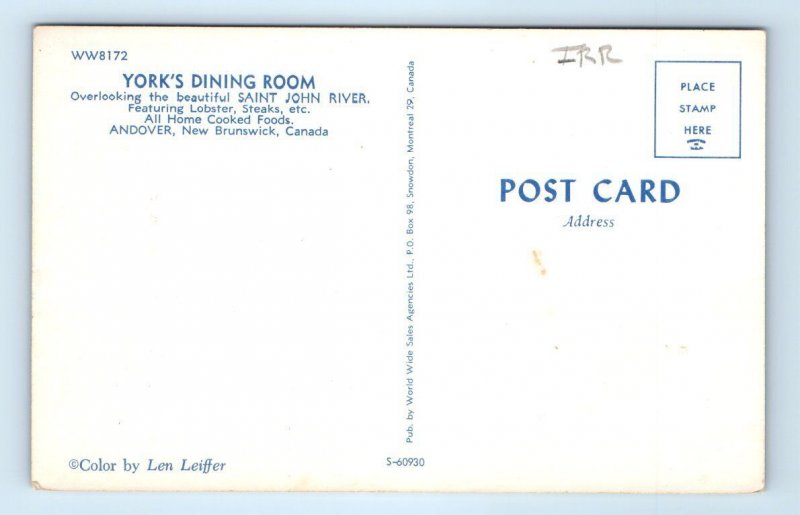 York's Dining Room restaurant interior ANDOVER New Brunswick Canada Postcard