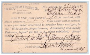 1885 M.A. Lunn J.C. Johnson The Wide Awake Exchange Co Des Moines IA Postal Card 