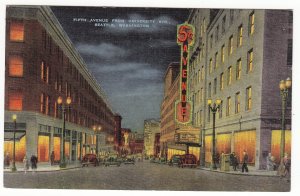 P2112, old postcard large 5th ave theater sign night cars people seattle wash