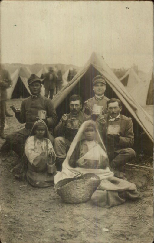 Ethnic Children Military Soldier Tents Eating Food Stars on Lapels WHERE? RPPC 