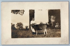 c1910's Girl With Jersey Cow In The House Front Yard RPPC Photo Antique Postcard