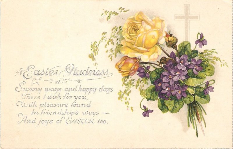 Flowers bouquet. Cross. Easter Message Old vintage American Easter greetings P