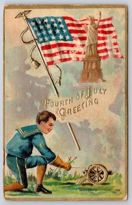 Patriotic~Fourth Of July~Statue Of Liberty on Flag~Sailor Boy Lights Cannon