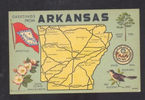 STATE OF ARKANSAS VINTAGE LINEN MAP POSTCARD STATE FLAG BIRD