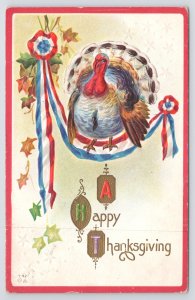 Nash~PM 1913~T42~A Happy Thanksgiving~Turkey~Red White & Blue Ribbon~Vintage PC