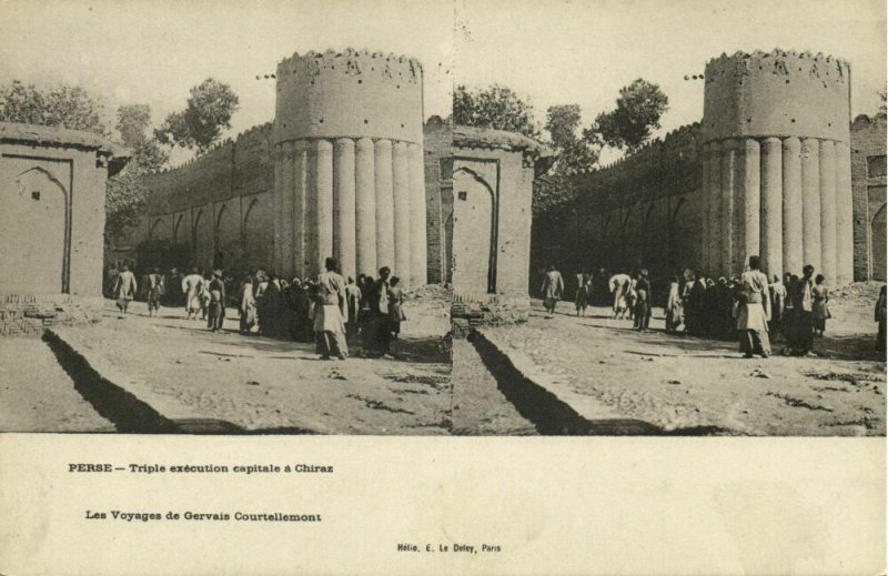 iran persia, SHIRAZ شیراز, Triple Capital Execution (1910s) Stereoview Postcard