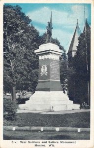 MONROE, Wisconsin WI   CIVIL WAR~Soldiers & Sailors Monument   ca1920's Postcard