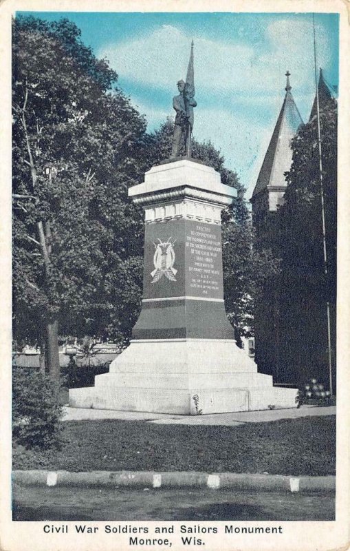 MONROE, Wisconsin WI   CIVIL WAR~Soldiers & Sailors Monument   ca1920's Postcard